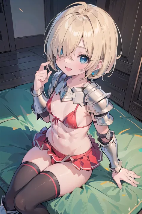 (masterpiece:1.2), (highest quality:1.2), perfect eyes, perfect face, perfect lighting, middle ages, room, 1 boy,blonde　aqua eye, ((((((hair over one eye,)))))), Braidスタイル, spike hair, dull bangs, bob hair, Braid, Ahoge, robe ((((red bikini armor)))), Thig...