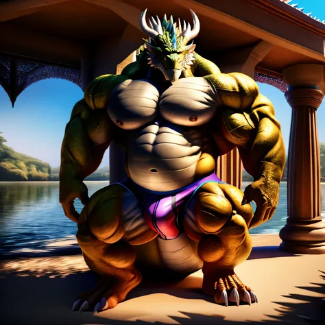 kaido, dragon king, male dragon, eastern dragon, very big muscles, hulking,  extremely strong, big abdominal muscles, hefty musclegut, pecs, feet, claw, full body, swim briefs, one piece, HDR,  nipples, sunlight, daylight, outdoor, no shadow, no dark