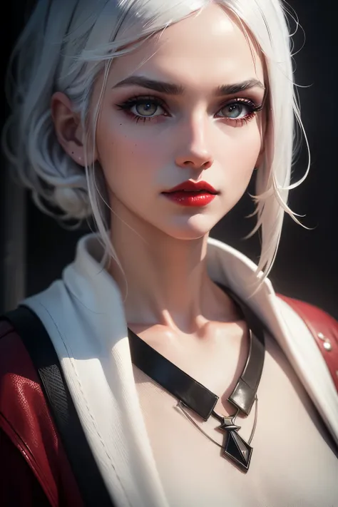 Woman, casual clothing, white hair, eyeliner, red lips, 2d background, Surrealism, cinematic lighting, close-up, god rays, UHD, ccurate, masterpiece, textured skin, super detail, high quality