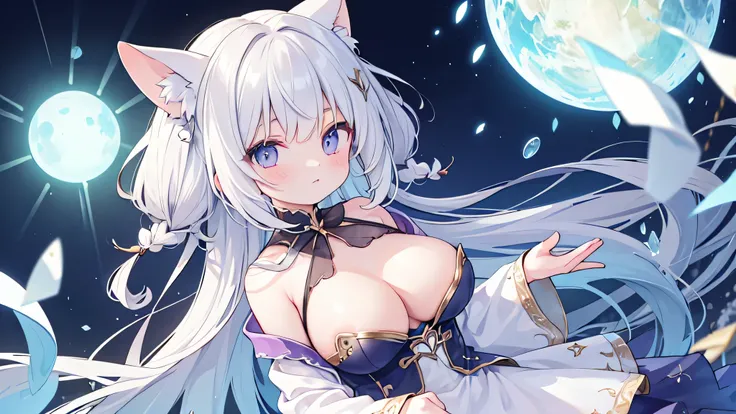 （masterpiece）、(highest quality)、((Super detailed))、(super delicate)、cute、pastel colored hair、beautiful breasts、nice、fantastic sea of light、money, Silver, and a purple costume,big breasts