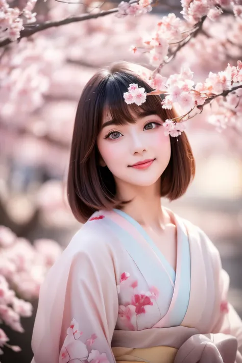 best quality, 32k, RAW photo, sakura maiden, an innocent and beautiful girl like a cherry blossom, glossy messy pixie cut, cherry blossom kimono, translucent and fluttery pastel colored hagoromo, sensual expression, mysterious, incredibly absurdres, extrem...