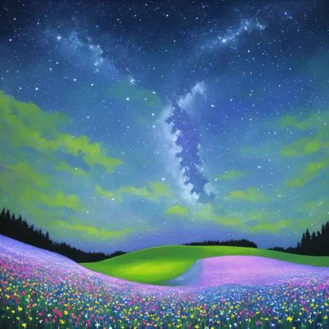 night sky with stars and flowers, a digital painting by Kaii Higashiyama, deviantart, conceptual art, field of flowers at night, night sky full of flowers, moonlight shining on wildflowers, blue flower field, luminous flowers, glowing flowers, starry-night...