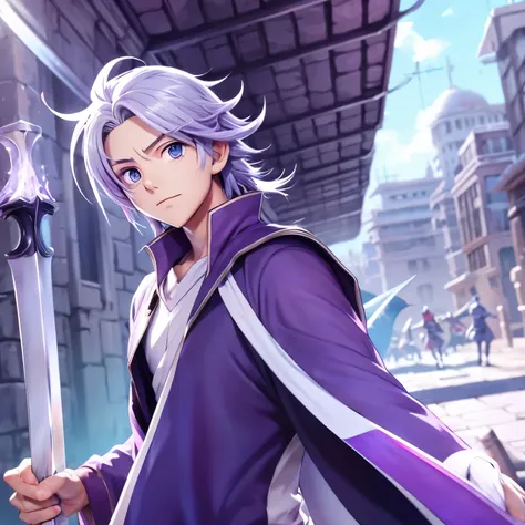 anime style、purple eyes、silver hair、boy、cool、cute、swordsman、big eyes