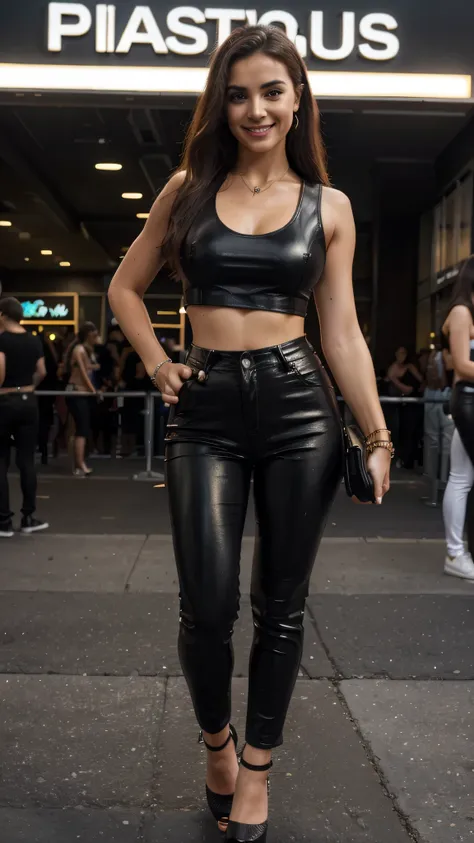 (best quality, highres, realistic, ultra-detailed, professional:1.2), pretty woman, attending a concert, crowded area, smiling, sleeveless black leather crop top, black leather pants, high heels, ultra-detailed, vivid colors