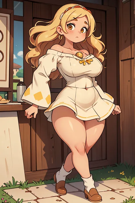 (masterpiece, best quality), 1girl, pudgy build, white skin, Caucasian, blonde hair, brown eyes, thick thighs, thigh thighs, big ass, large breasts, muscular toned legs, meaty voluptuous curvaceous long Rubenesque pump legs, Yellow Pinned Back Curls, Size ...