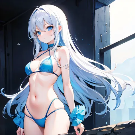 Draw me a 20 year old slim Asian girl named shinon, she has a long white hair and a blue eyes, she at dungeon wearing a string blue bikini  and show her at her butt