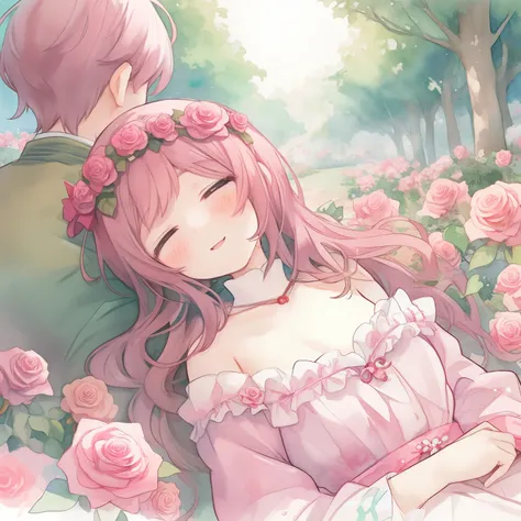 バラの庭のanimeのカップル, Pastel Watercolor、Forest princess sleeping in a pink rose garden、The prince in my dream is from behind、anime、smile.romanticism art style, 美しいanime, 美しいファンタジーanime, 美しいanime art, shoujo romance, lovely languid princess, ソフトanimeイラスト, by Yan...