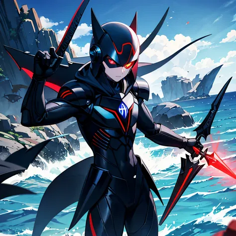 black、powered suit、black manta、cool、two daggers、red eyes、villain、In the sea