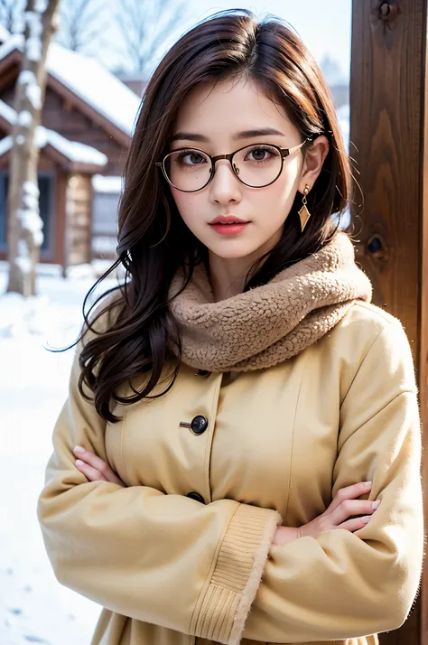 1 girl, just_wood, Brown_eye, Brown_hair, building, coin, cross_earrings, earrings, Glasses、fur, fur trimmed_coin, fur_collar, fur_scarf, fur_trim, jewelry, lips, shorthair, looking for_in_viewer, outdoors, snow, snow, 一人in, wood, upper_body, winter, winte...