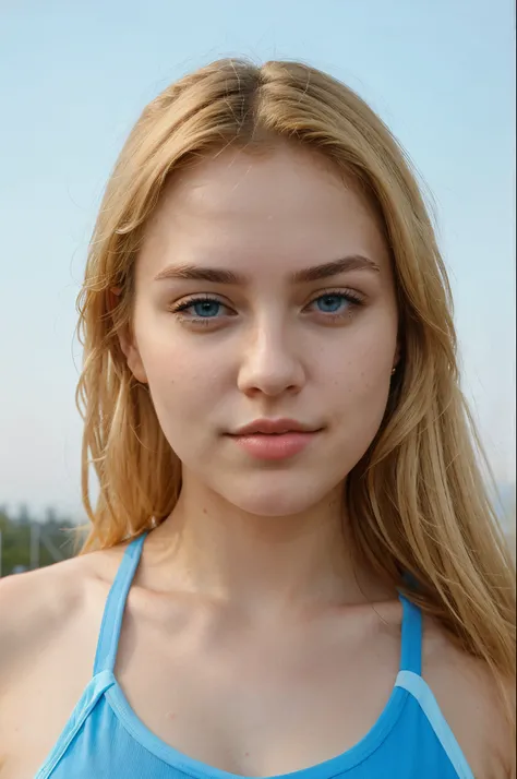 Draw a girl of European appearance., blonde with plump lips, Cute face, big blue eyes with thin eyebrows, Athletic build Full height with a beautifully open mouth