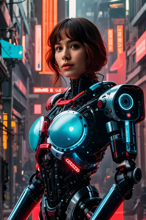 melhor qualidade de imagem、8K、fotografia nefasta, retrato de corpo inteiro, robot in cybernetic body in cyberpunk warzone, vermillion anachronism, futuristic fragmentation, Layered composition, futurismo ciberpunk, still cinematic, filmado em filme, Shot w...