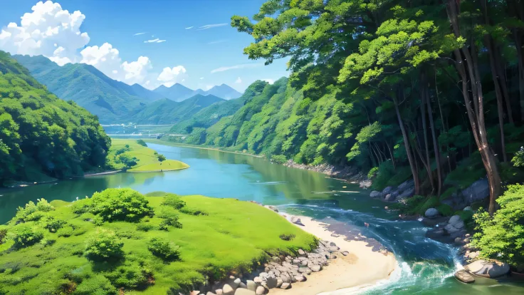 Japanese countryside scenery、river flow、blue sky、studio ghibli style