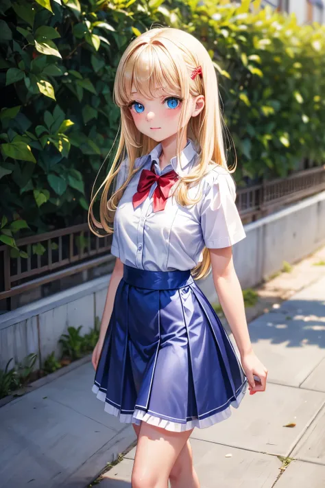 A young blue-eyed blonde of 10 years old dressed in a satin school uniform of a tight-fitting white shirt and short red skirt. caminando por la escuela