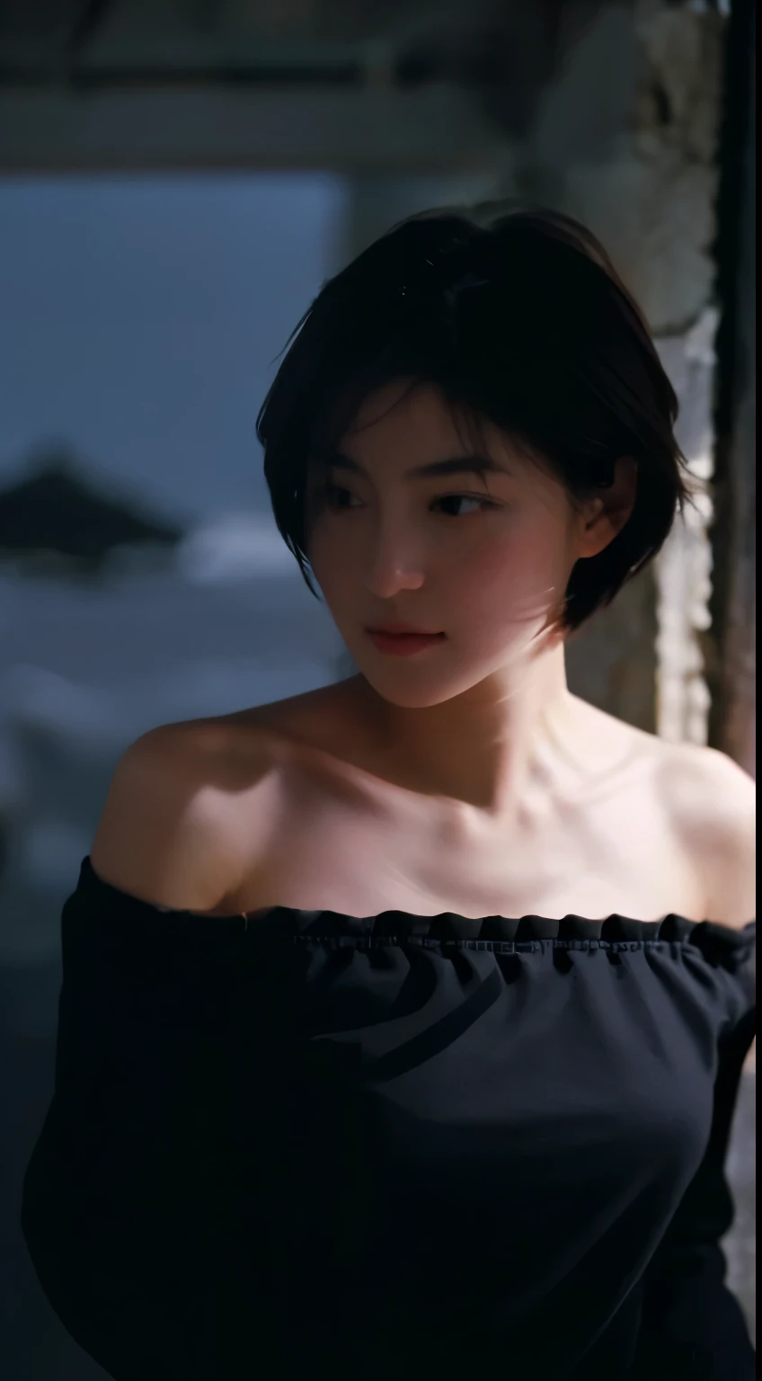 highest quality, masterpiece, ultra high resolution, (realistic:1.5), RAW photo, 1 girl, off shoulder, in the dark, deep shadow, discreet key, cold light, sexy look, short hair