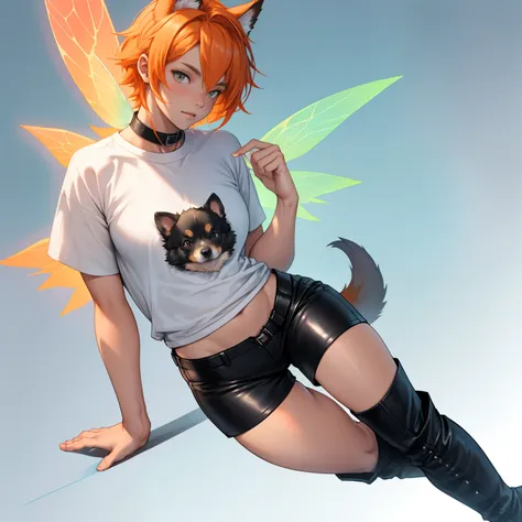 Curvy, skinny boy with feminine features, wide hips, thick thighs, twink, long flowing orange gradient hair with puppy ears and a puppy tail, wearing loose t-shirt, wearing tight leather shorts, wearing knee high boots, wearing rainbow fairy wings, solo, a...