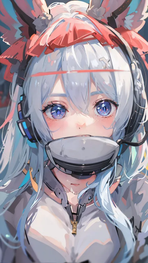 silver hair, gradient hair, asymmetrical hair, hair between eyes, Cross bangs, parted bangs, very long hair, asymmetrical bangs, crystal hair, expressive hair, hairline, hair open, Take off the mask, gradient eye, aqua eyes, purple eyes, cat ear headphones...