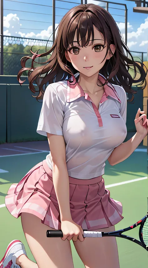 ((table top, highest quality, High resolution, perfect pixel, 4k,)), 1 girl, single, alone, Beautiful woman、I could see the whole body、 ((short wavy hair, bangs, brown hair)), ((brown eyes, beautiful eyelashes, realistic eyes)), ((detailed face, blush:1.2)...