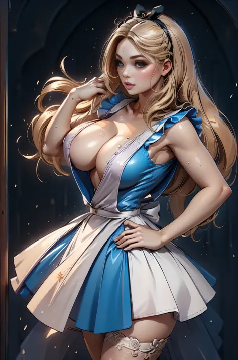 masterpiece, 1girl, solo, make her a sexy Alice in Wonderland with blonde hair, powder blue dress with white apron, white stockings, cleavage, dynamic, ultra high def, 32k, (perfect anatomy:1.5), perfect legs, in the style of Artgerm and Adam Hughes, perfe...