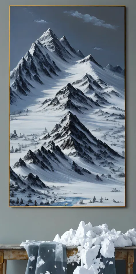 snow mountain, icy mountains, high detail painting, Detailed 4K 油画, detailed acrylic painting, Detailed soft painting, extremly Detailed oil paintinging, Detailed oil painting, high detailed oilpainting, Super detailed painting, mountain snow, High quality...