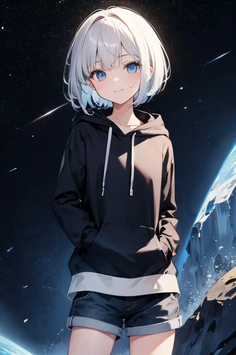 1 boy, detailed and beautiful eyes, sleeve, upright, concept art, alone, cowboy shot, whole body, looking at the viewer, Little, gray hair, open your mouth, smile, blue eyes, bob cut, hoodie, shorts, sneakers, From before, starry night