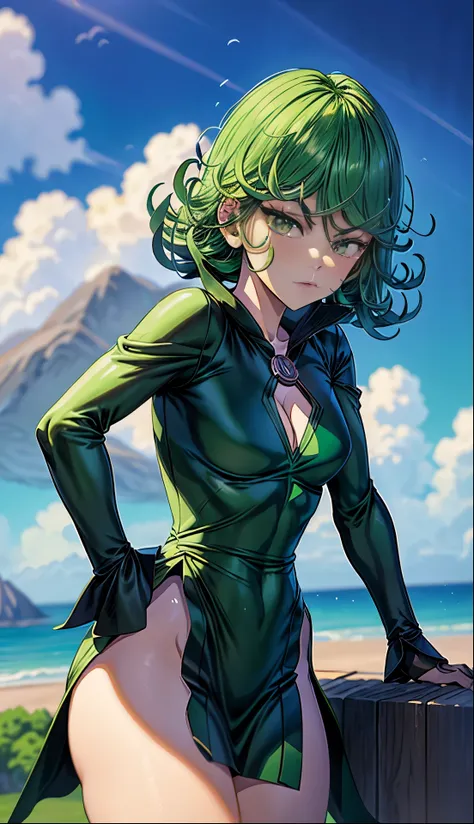 anime girl with green hair and black dress, an anime drawing by Shitao, pixiv, fantasy art, top rated on pixiv, at pixiv, tatsumaki from one punch man, beautiful anime girl,jack-O challenge pose, bending over, seductive anime girl, the anime girl is crouch...