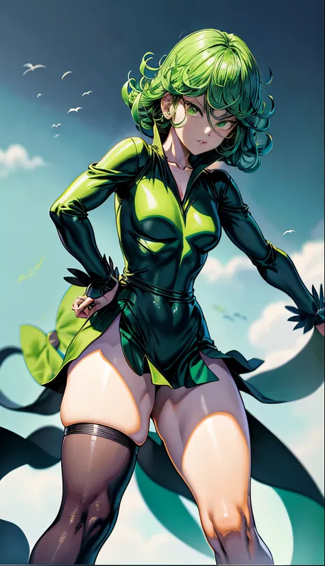 anime girl with green hair and black dress, an anime drawing by Shitao, pixiv, fantasy art, top rated on pixiv, at pixiv, tatsumaki from one punch man, beautiful anime girl,jack-O challenge pose, bending over, seductive anime girl, the anime girl is crouch...