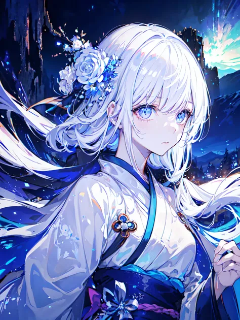 highest quality, masterpiece, High resolution,, 1 girl, detailed face, (Upper body:1.6), cyber city, mountains and rivers, night, Firefly Light, anime style, rich in details, (white hanfu:1.2), (beautiful body:1.4),illuminated by bright light