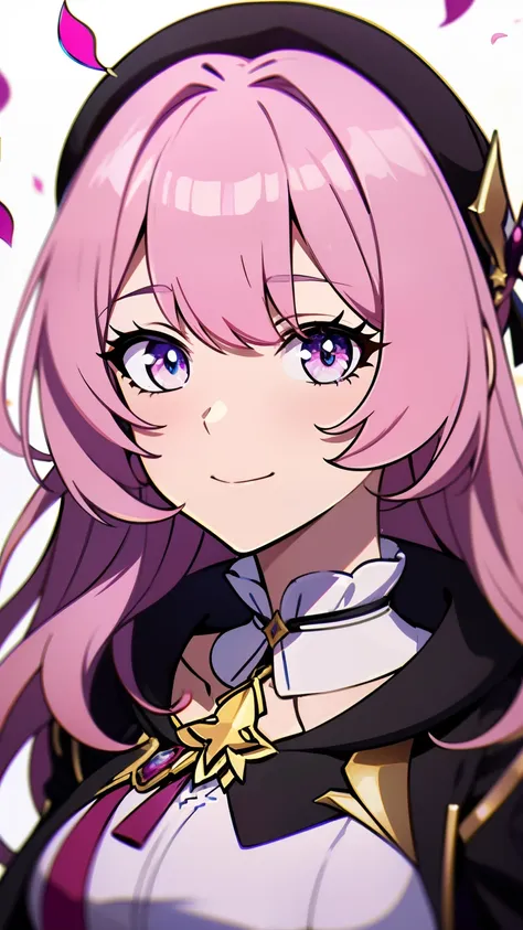 (high-quality, breathtaking),(expressive eyes, perfect face) portrait, 1girl, female, solo, young teen, black and pink hair, pink eye color, long hair length, soft wavy hair, gentle smile, loose hair, side bangs, looking at viewer, portrait, half body, hap...