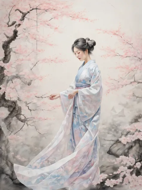 Sakura Girl, very beautiful picture, combining various drawing techniques, Ultra-fine lines and crisp details create the illusion of a three-dimensional image, and the play of light and shadow creates a feeling of living space in the picture, made in oil a...