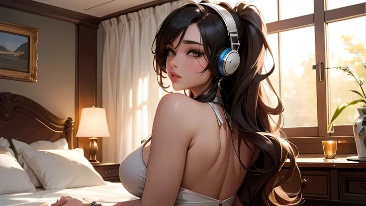 A beautiful girl with a big ass is sitting alone in her room., wearing headphones and listening to music. The room is dimly lit., creando un ambiente acogedor y relajado. La chica lleva ropa sexy y elegante., enfatizando su encanto. su largo, el cabello su...