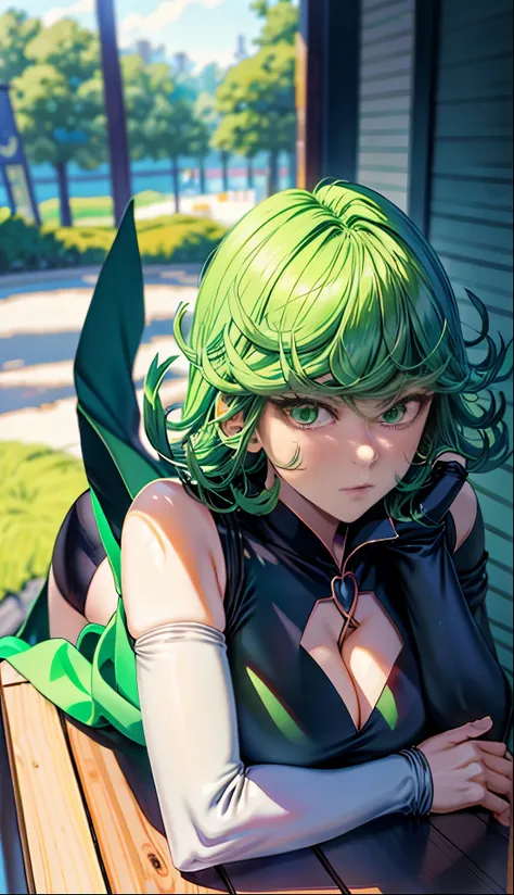 anime girl with green hair and black dress, an anime drawing by Shitao, pixiv, fantasy art, top rated on pixiv, at pixiv, tatsumaki from one punch man, beautiful anime girl,jack-O pose, bending over, seductive anime girl, the anime girl is crouching, tatsu...