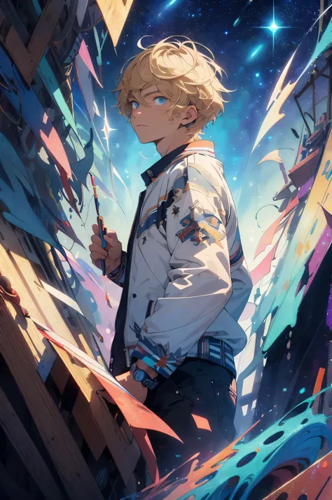 actual, (masterpiece, top quality, best quality, official art, Beauty and Aesthetics: 1.2), Very detailed, Fractal art, colorful, most detailed, tangled, (abstract background: 1.5) (1 boy: 1.3), God, blonde hair, short hair, (glowing blue eyes, starry sky,...