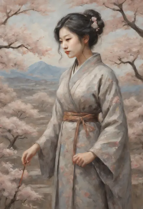 Sakura Girl, very beautiful picture, combining various drawing techniques, Ultra-fine lines and crisp details create the illusion of a three-dimensional image, and the play of light and shadow creates a feeling of living space in the picture, lighting from...