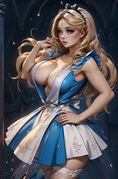 masterpiece, 1girl, solo, make her a sexy alice in wonderland with blonde hair, powder blue dress with white apron, white stocki...