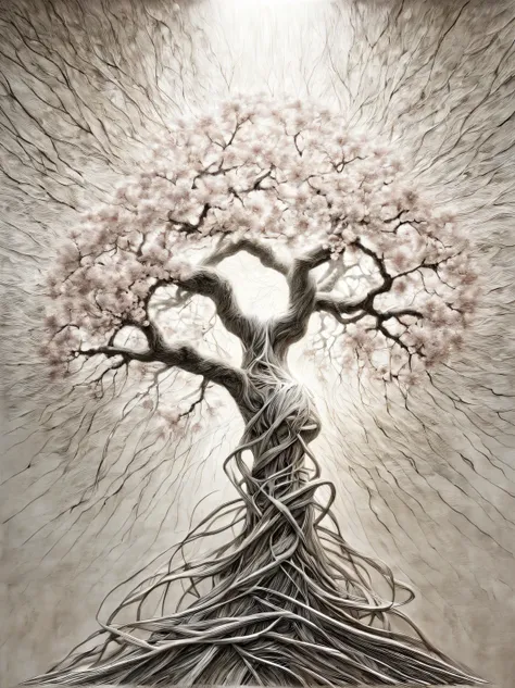 modern art, vanguard, surrealism, connecting the incongruous, a blossoming sakura tree intricately weaves its branches and forms...