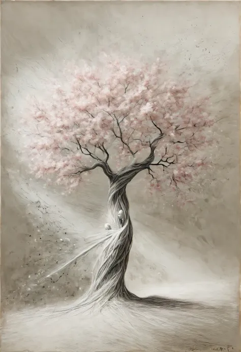 modern art, vanguard, surrealism, connecting the incongruous, a blooming sakura tree intricately intertwines its branches and fo...