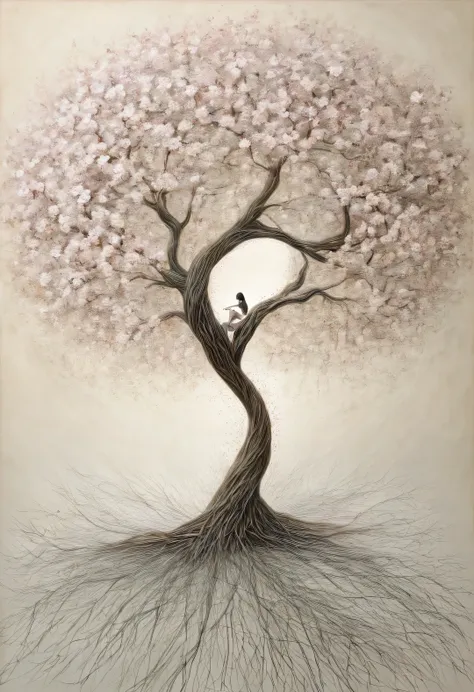 modern art, vanguard, surrealism, connecting the incongruous, a blooming sakura tree intricately intertwines its branches and fo...