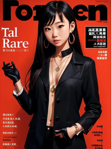 Magazine scanning,(magazine cover:1.2), cover text, text,( talisman necklace:1.1), Wallop, 1 chinese girl, black gloves, black open collar jacket, character request, Comment, earrings, Double V, jewelry, long hair, look down, Perfect flowing hair, alone