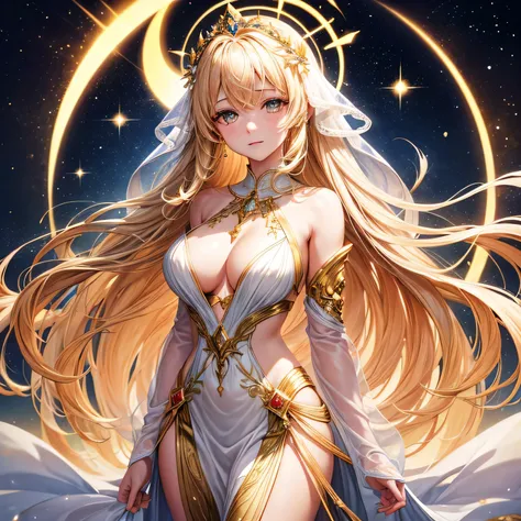 Serafina, Diosa de la luz, He comes with golden hair that flows like rivers of heavenly light and deep golden eyes that reflect eternal wisdom... Su rostro delicadamente esculpido irradia una gracia divina.. Lleva un vestido blanco impecable adornado con b...