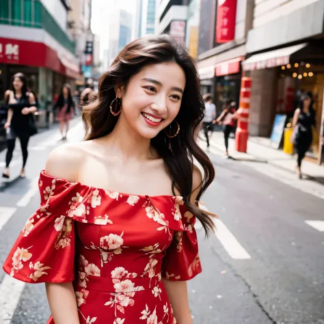 Chengdu Taikoo Li Street Photo Light red slip dress, off-the-shoulder bandeau Big wavy hair Street white skin smile floral dress