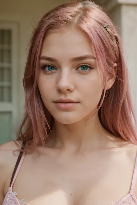 beautiful detailed face of a 18 year old girl, pink haired, emerald green eyes