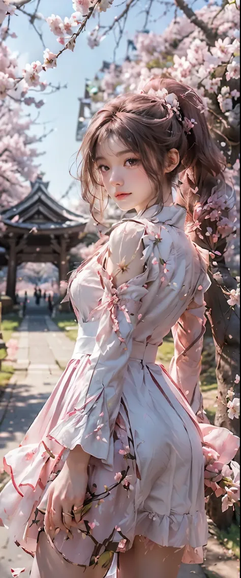 masterpiece、highest quality、High resolution、photorealistic、High resolution、Raw photo、(Around 50 pink flowers blooming on a tree with the shrines torii gate in the background, Cherry Blossoms in the wind, background Cherry tree, background Cherry tree, Cher...