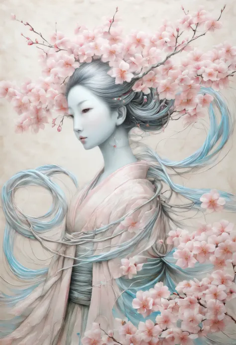 modern Art, Vanguard, surrealism, connecting the incongruous, a blooming sakura tree intricately intertwines its branches and forms a distinct image (Sakura Girl:1.3050), very beautiful picture, combining various drawing techniques, Ultra-fine lines and cr...