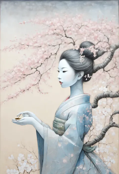 modern Art, Vanguard, surrealism, connecting the incongruous, a blooming sakura tree intricately intertwines its branches and forms a distinct image (Sakura Girl:1.3050), very beautiful picture, combining various drawing techniques, Ultra-fine lines and cr...