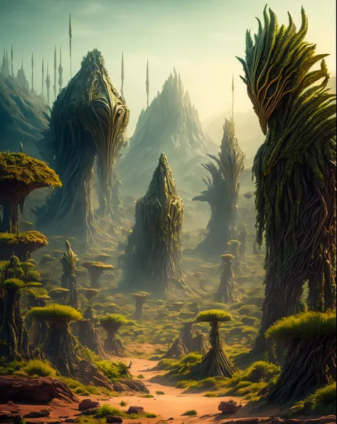 Humans in period costumes，alien worlds，Alien plants，alien monster，an alien landscape