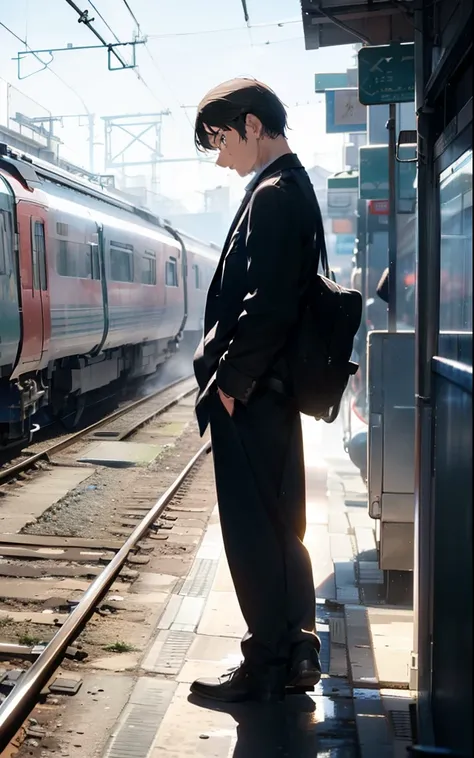 A man standing alone among the crowded on the side of a railway, view from side, sadness, background railway station, train, sadness