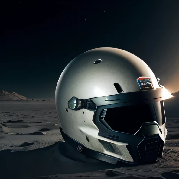 Fascinating close-up image of a motorcycle helmet placed in a barren area, There are craters on the Moon&#39;surface. The shining visor of the helmet reflects the bright moon, celestial glow, An otherworldly contrast to the darkness, dusty lunar landscape....