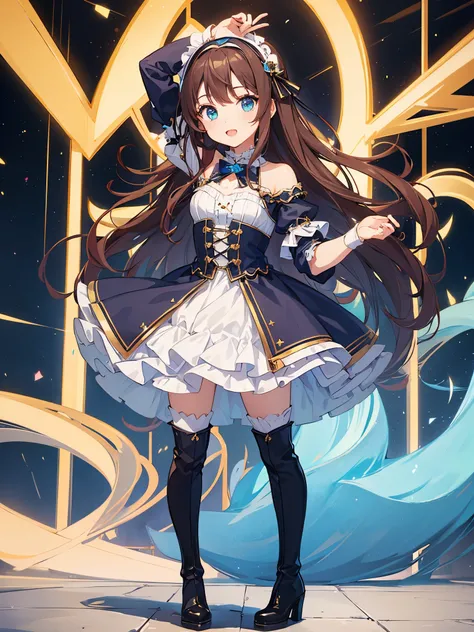 ((a girl)), rosybrown hair, azure eyes, ((idol costume)), long boots, ((individual)), ((high quality)), hairband