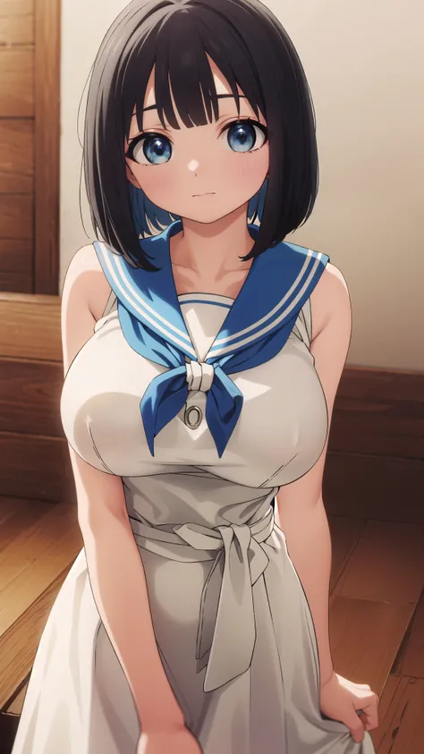 (masterpiece), best quality, high resolution, extremely detailed, detailed background, perfect lighting,kao akebi, short hair, blue eyes, black hair, female focus,(large breasts:1.5),slim figure.narrow waist.wide hips,dress, sleeveless, sailor collar, whit...