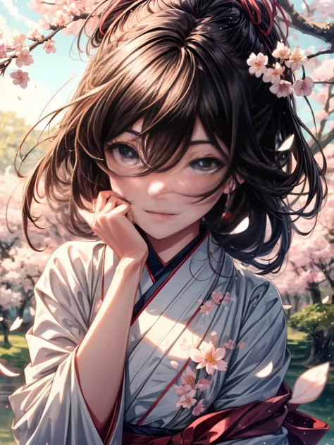 (The Sakura Maiden:1.1),traditional Japanese art,delicate cherry blossoms,picturesque view,ethereal beauty,serene atmosphere,soft and pastel color palette,dainty petals,floating sakura petals,graceful kimono,flowing sleeves,radiant smile,blooming sakura tr...